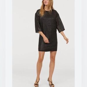 H&M Sheer Sequins Short Sleeve Sheath Dress in Black - Size 2